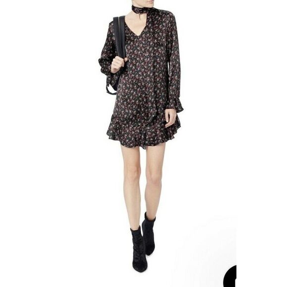 Intermix Serena Tie Neck Ruffle Shift Silk Dress in Black Floral Print. Size 4 - Picture 9 of 10